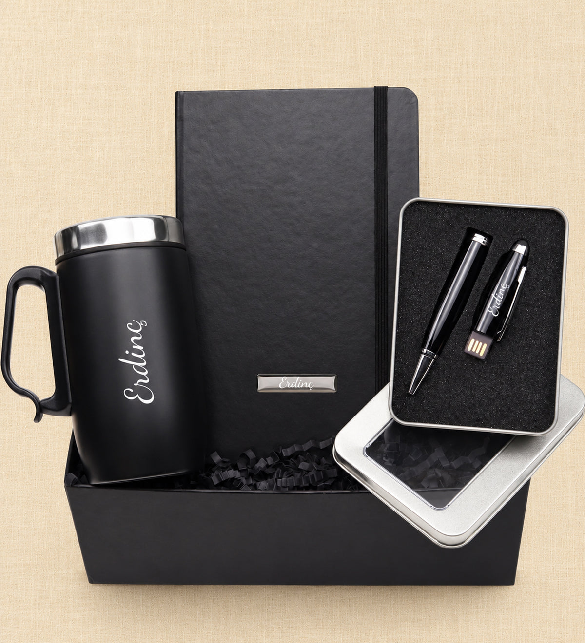Kişiye Özel Defter & Usb Touchpen Kalem & İsme Özel Kulplu Çelik Termos Bardak Hediye Seti