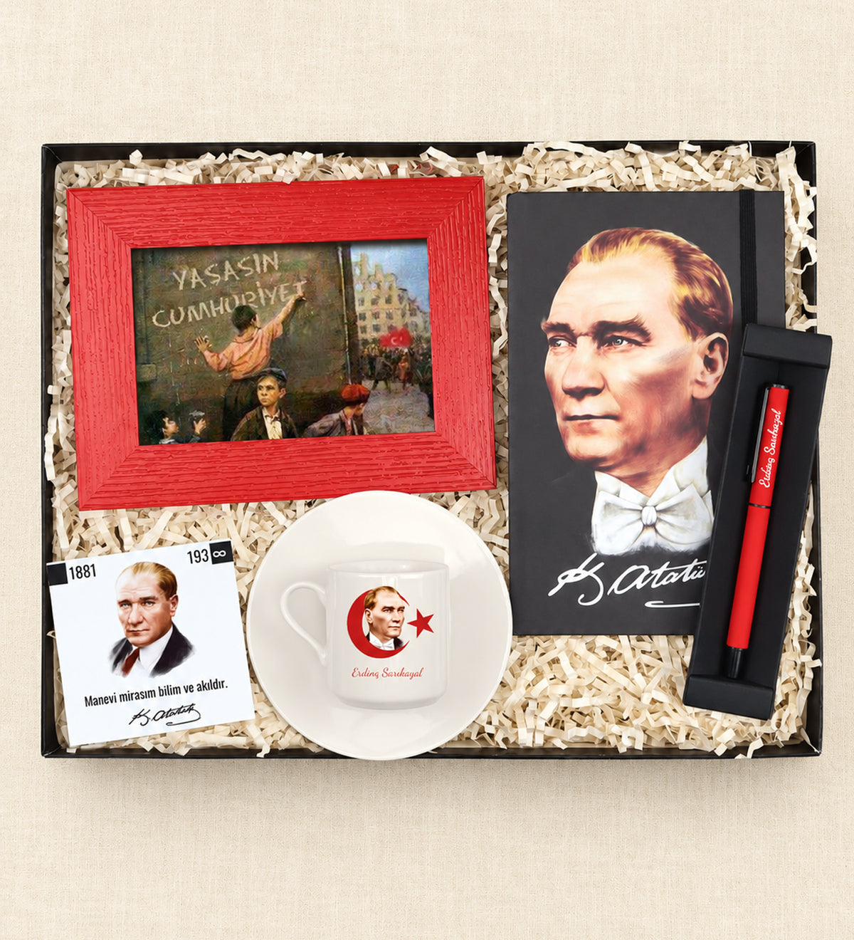 Kişiye Özel Kırmızı Mat Roller Kalem & Mustafa Kemal Atatürk Baskılı Defter & Atatürk Fincan & Kırmızı Çerçeve Hediye Seti