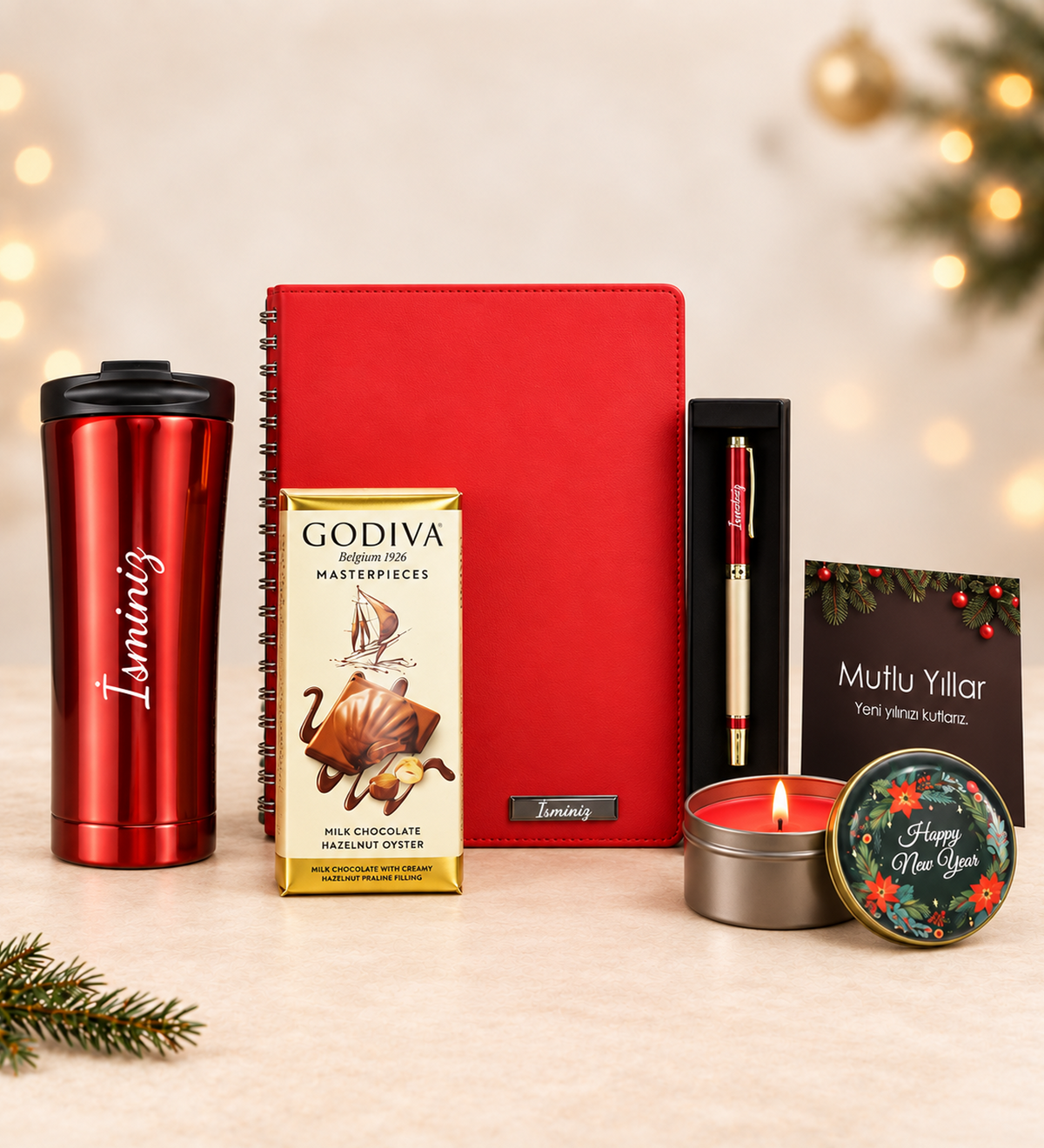 Kişiye Özel Kırmızı Spiralli Yeni Yıl Tarihli Ajanda & 500ml Çelik Termos & Gold Roller Kalem & Yılbaşı Temalı Metal Kutulu Mum & Godiva Çikolata Hediye Seti