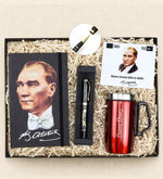 Kişiye Özel Kulplu 280 ML Kırmızı Çelik Termos & Mustafa Kemal Atatürk Baskılı Defter & Atatürk İmza Kabartmalı Roller Kalem Hediye Seti