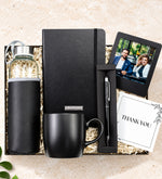 Kişiye Özel Siyah Defter & Siyah Touchpen & Siyah Kupa & Deri Kılıflı 500 Ml Cam Matara & İnstagram Çerçeve Hediye Seti