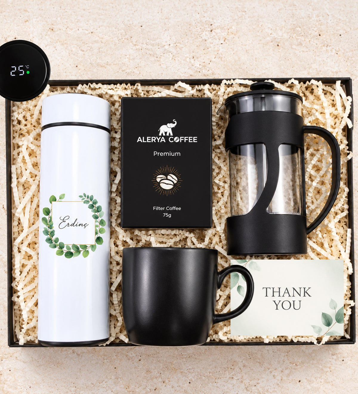 Kişiye Özel Tasarım 500 ML Dereceli Termos & Siyah French Press & Siyah Kupa & Alerya Premium Filtre Kahve Hediye Seti