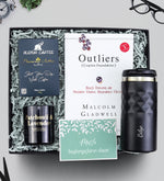 Outliers Kitap & Kristal Termos & Alerya Premium Filtre Kahve & Rakle Lacivert Mum Hediye Seti