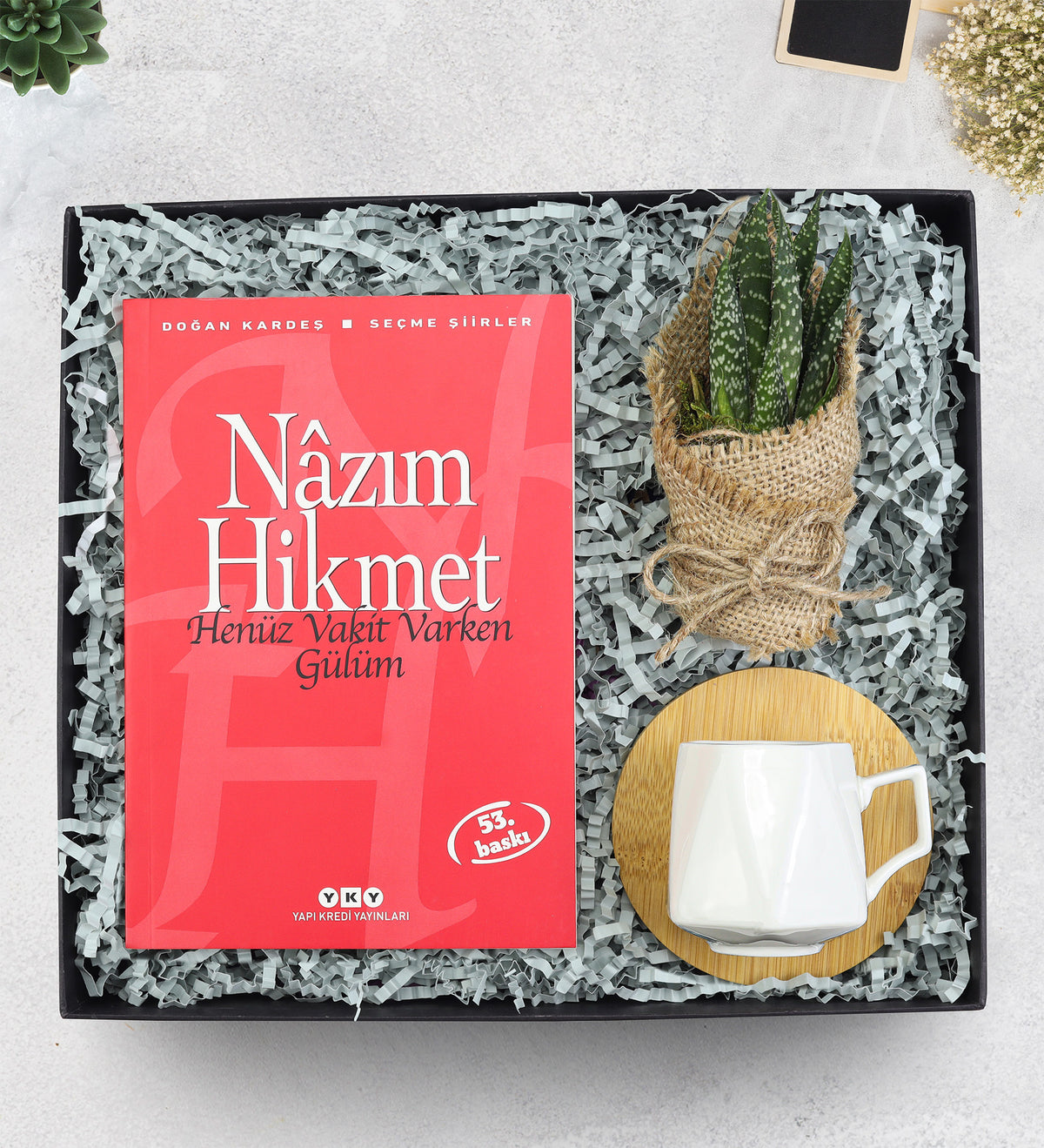 Kitap & Bambu Tabaklı Beyaz Porselen Fincan & Sukulent Çiçek Hediye Seti