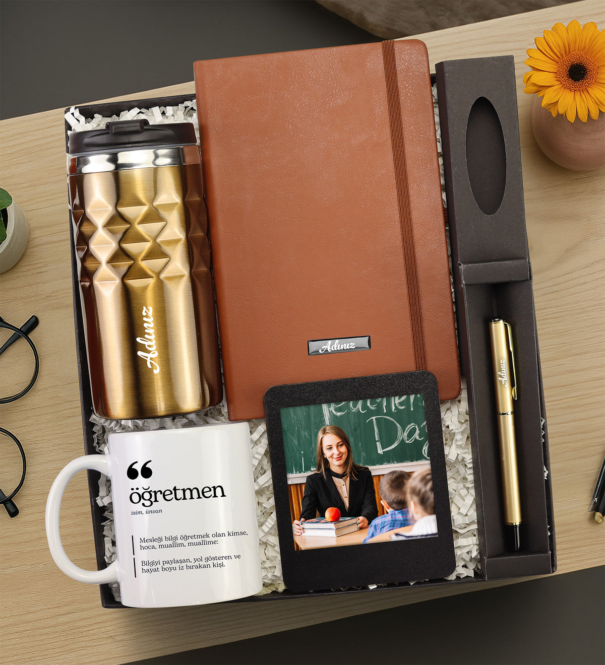 Kristal Termos & Kalem & Defter & Kupa & Çerçeve Öğretmene Hediye Seti