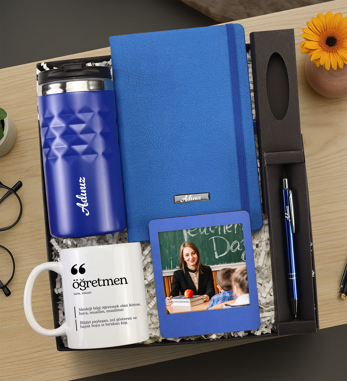 Kristal Termos & Kalem & Defter & Kupa & Çerçeve Öğretmene Hediye Seti