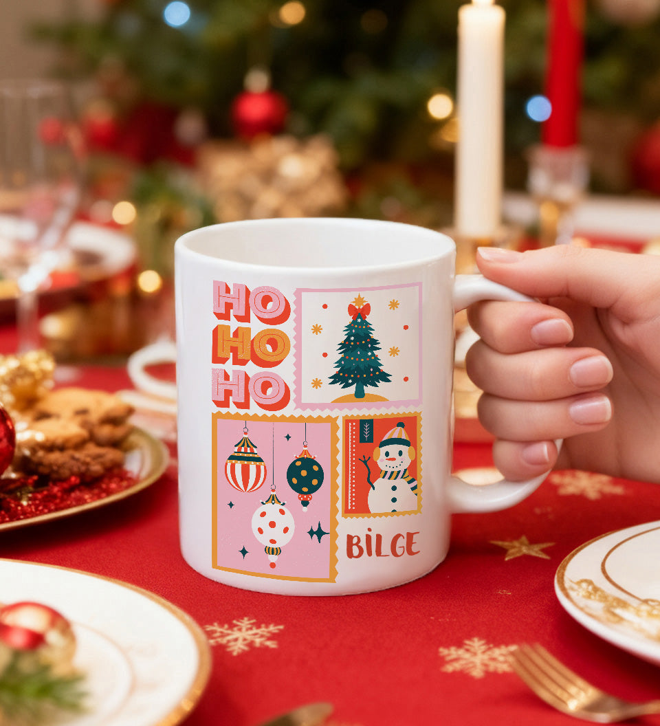 Kişiye Özel Baskılı Kupa & Geyikli Mum & Yılbaşı Çorabı Hediye Seti