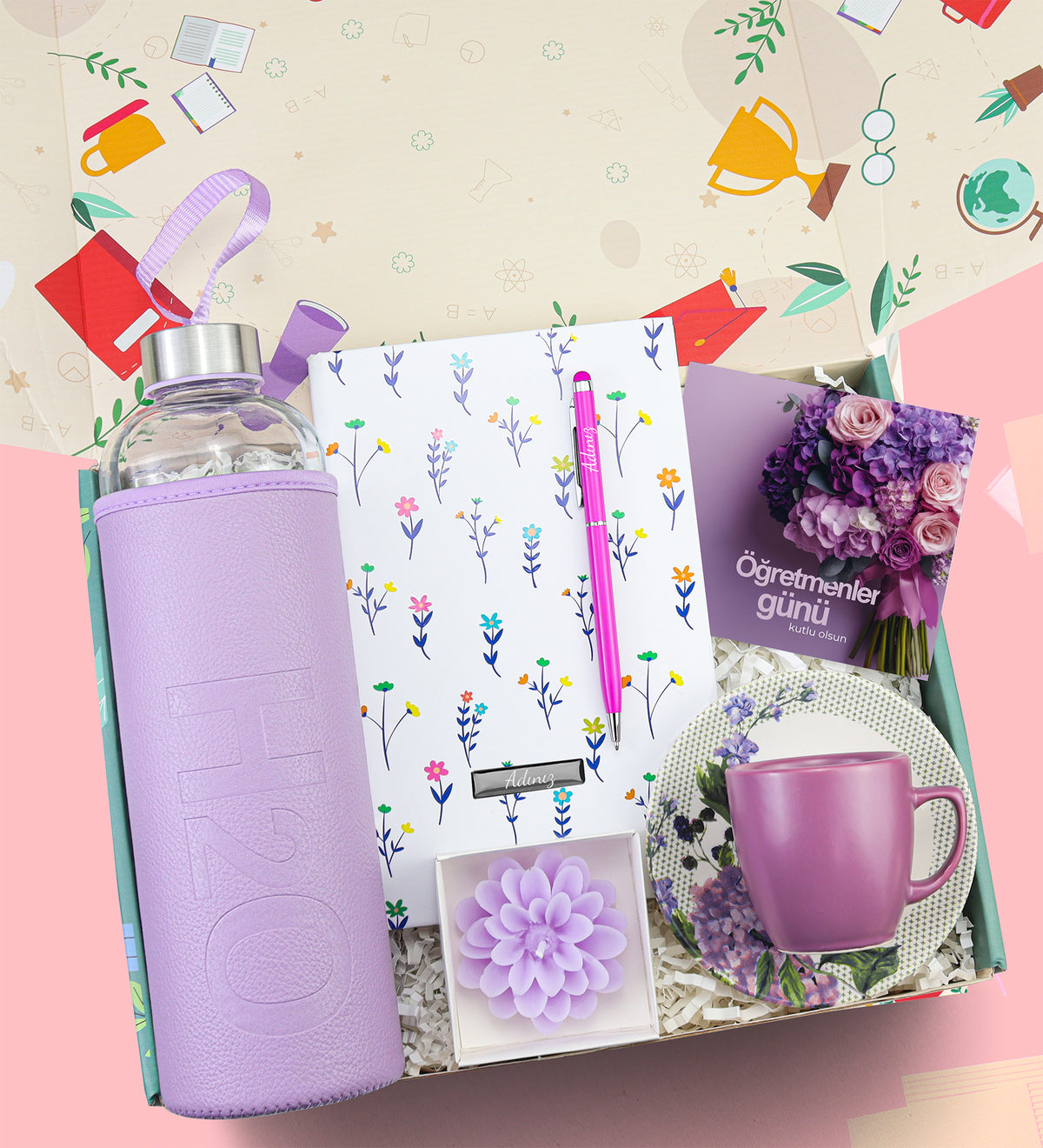Mor Matara & Beyaz Çiçekli Defter & Pembe Touchpen & Mor Fincan & Lotus Mum Hediye Seti