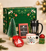 Mutlu Yıllar Kutusunda Alerya Yılbaşı Premium Filtre Kahve & Siyah French Press & Vintage Kupa & Ahşap Zeminli Mini Çam Ağacı & Yılbaşı Temalı Metal Kutulu Mum Hediye Seti