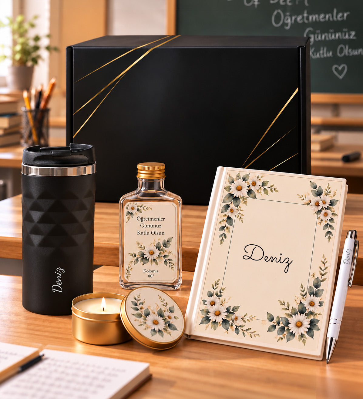 Kişiye Özel Defter & Kalem & Termos & Kolonya & Mum Öğretmene Hediye Seti