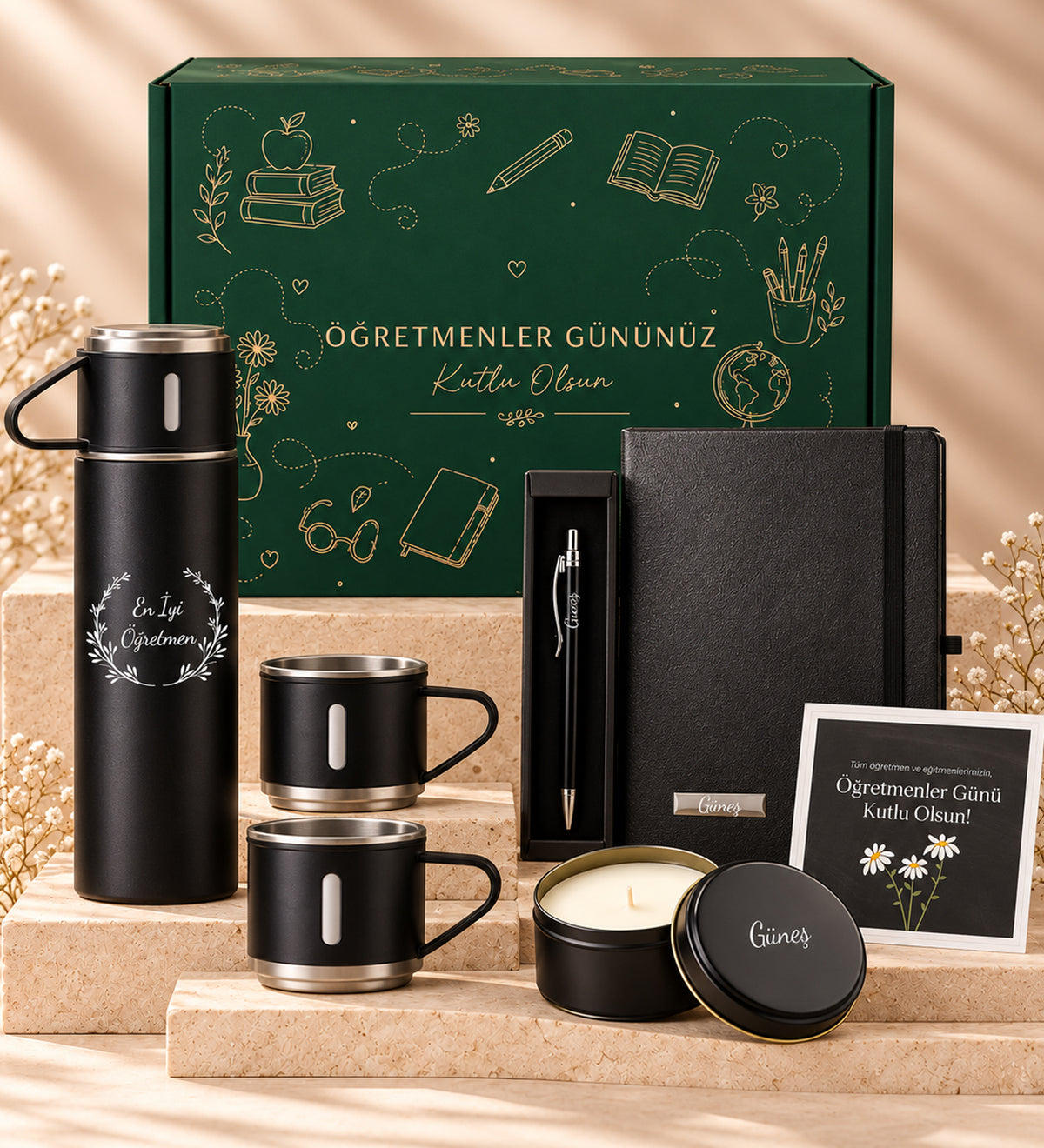 Öğretmenler Gününe Özel Kutusunda 3 Bardaklı 580 ML Çelik Termos & Gümüş Renk Detaylı Siyah Tükenmez Kalem & Defter & Siyah Metal Kutulu Mum Hediye Seti