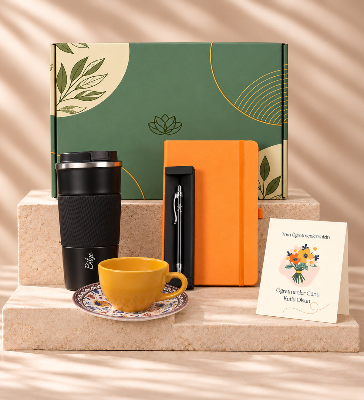 Öğretmenler Gününe Özel Kutusunda 500 ml Çelik Termos & Gümüş Renk Detaylı Siyah Tükenmez Kalem & Defter & Turuncu Çay Fincanı Hediye Seti