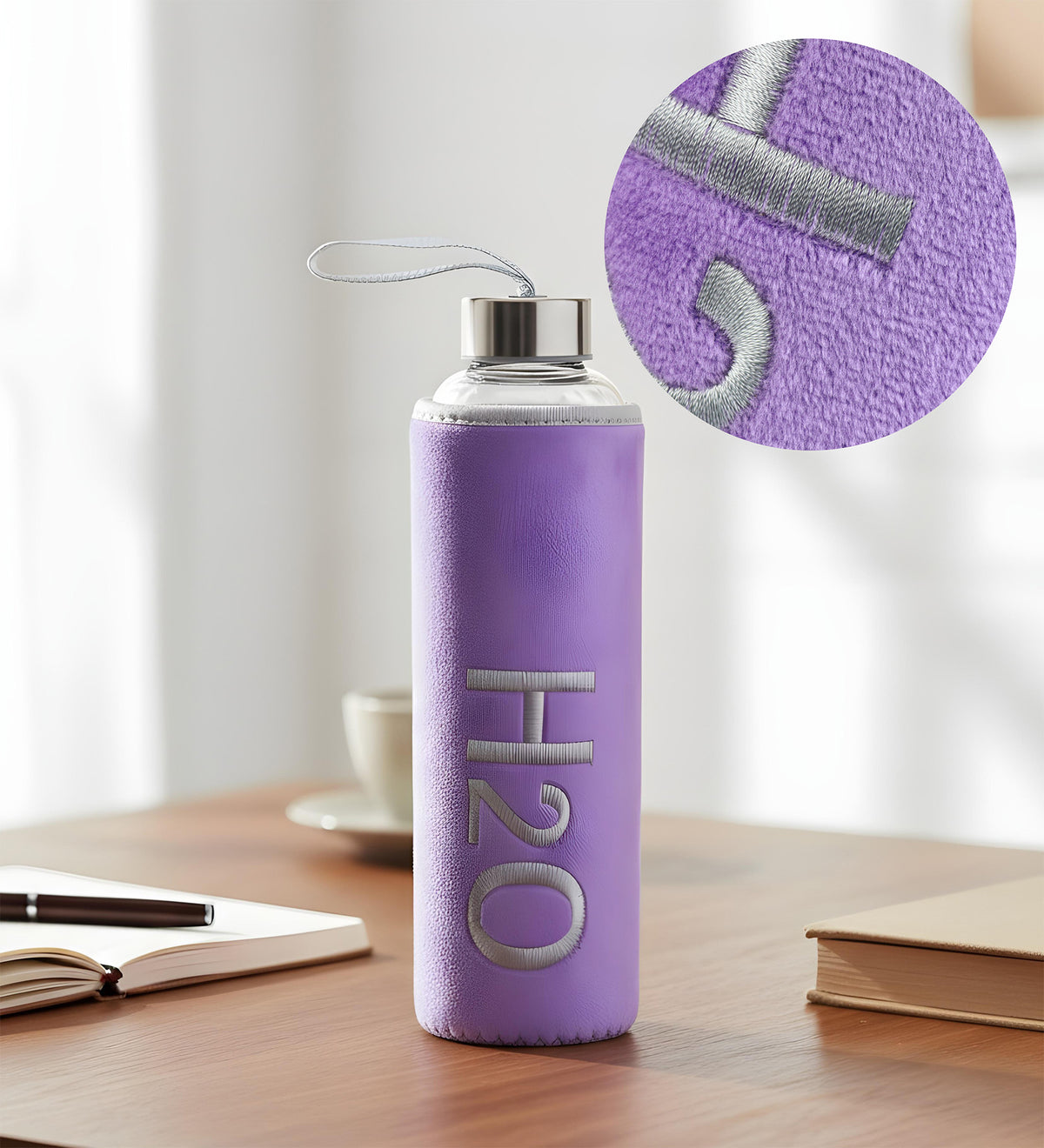 Lila 600ml Peluş Kılıflı Cam Matara