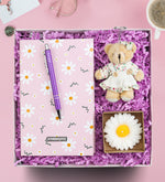 Papatya Defter & Mor Tükenmez Kalem & Ayıcık Anahtarlık & Papatya Mum Hediye Seti