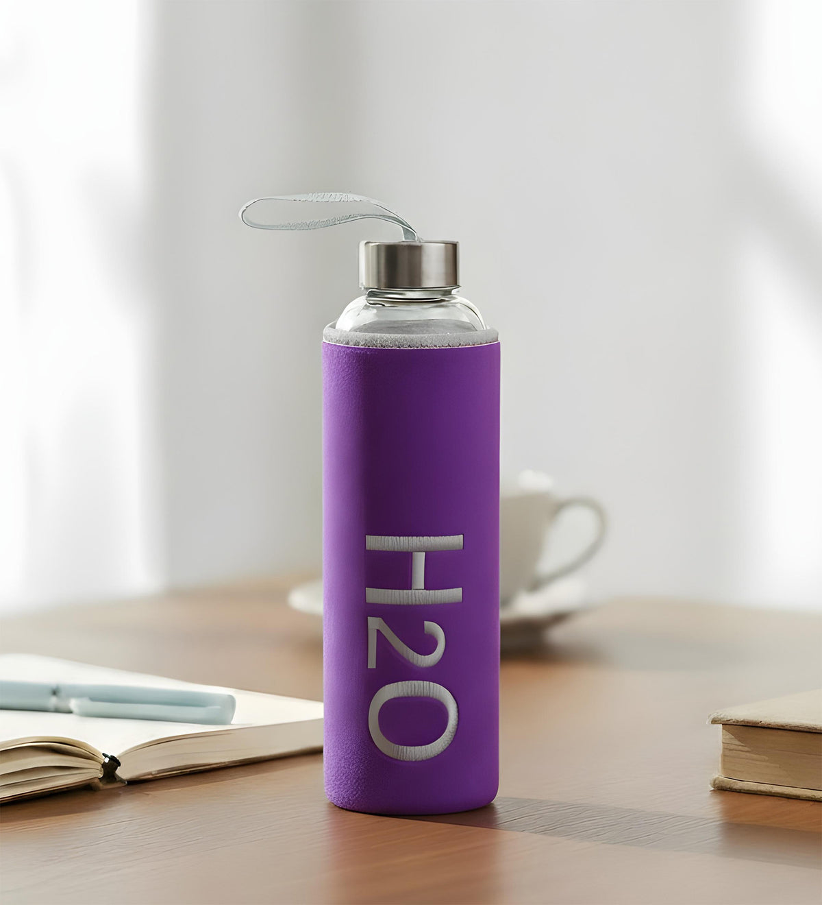 Mor 600ml Peluş Kılıflı Cam Matara