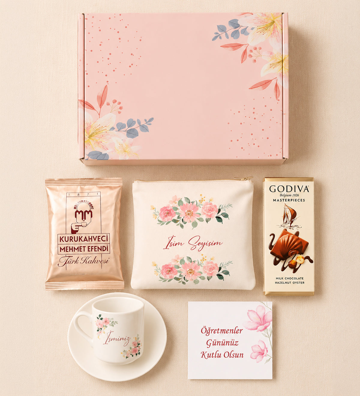 Pembe Çiçekli Kutusunda Kişiye Özel Ham Bez El Çantası & Fincan & Godiva Çikolata & Mehmet Efendi Türk Kahvesi Hediye Seti