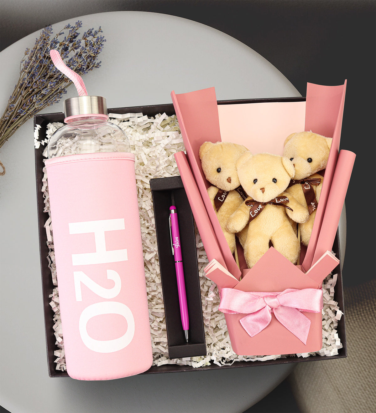Pembe H2O Bez Kılıflı Cam Matara & Pembe Touchpen & 3'lü Pembe Ayıcık Buketi Hediye Seti