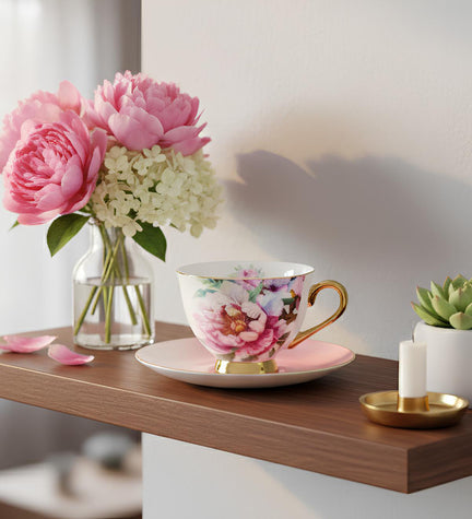 Pembe Çiçekli Porselen Kahve Fincanı