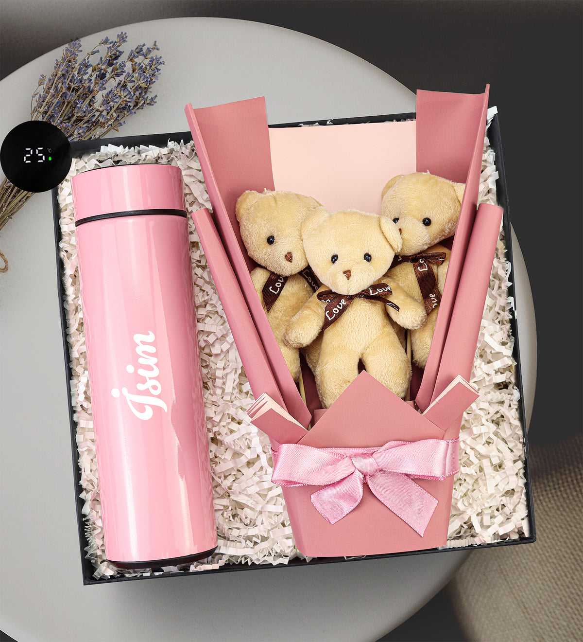 Pembe Dereceli Termos & 3'lü Ayıcık Buketi Hediye Seti