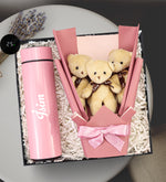 Pembe Dereceli Termos & 3'lü Ayıcık Buketi Hediye Seti