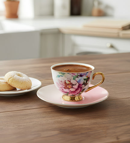Pembe Çiçekli Porselen Kahve Fincanı