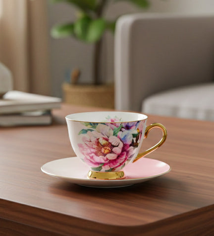 Pembe Çiçekli Porselen Kahve Fincanı