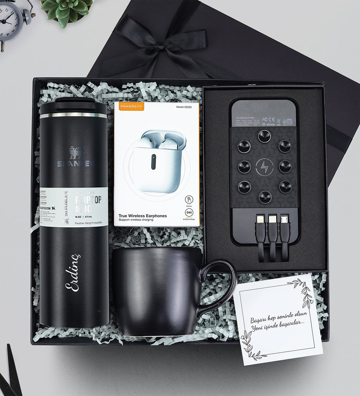 Stanley Termos 0,47 L & 10000 mAh Wireless Powerbank & Bluetooth Kulaklık & Siyah Kupa Hediye Seti