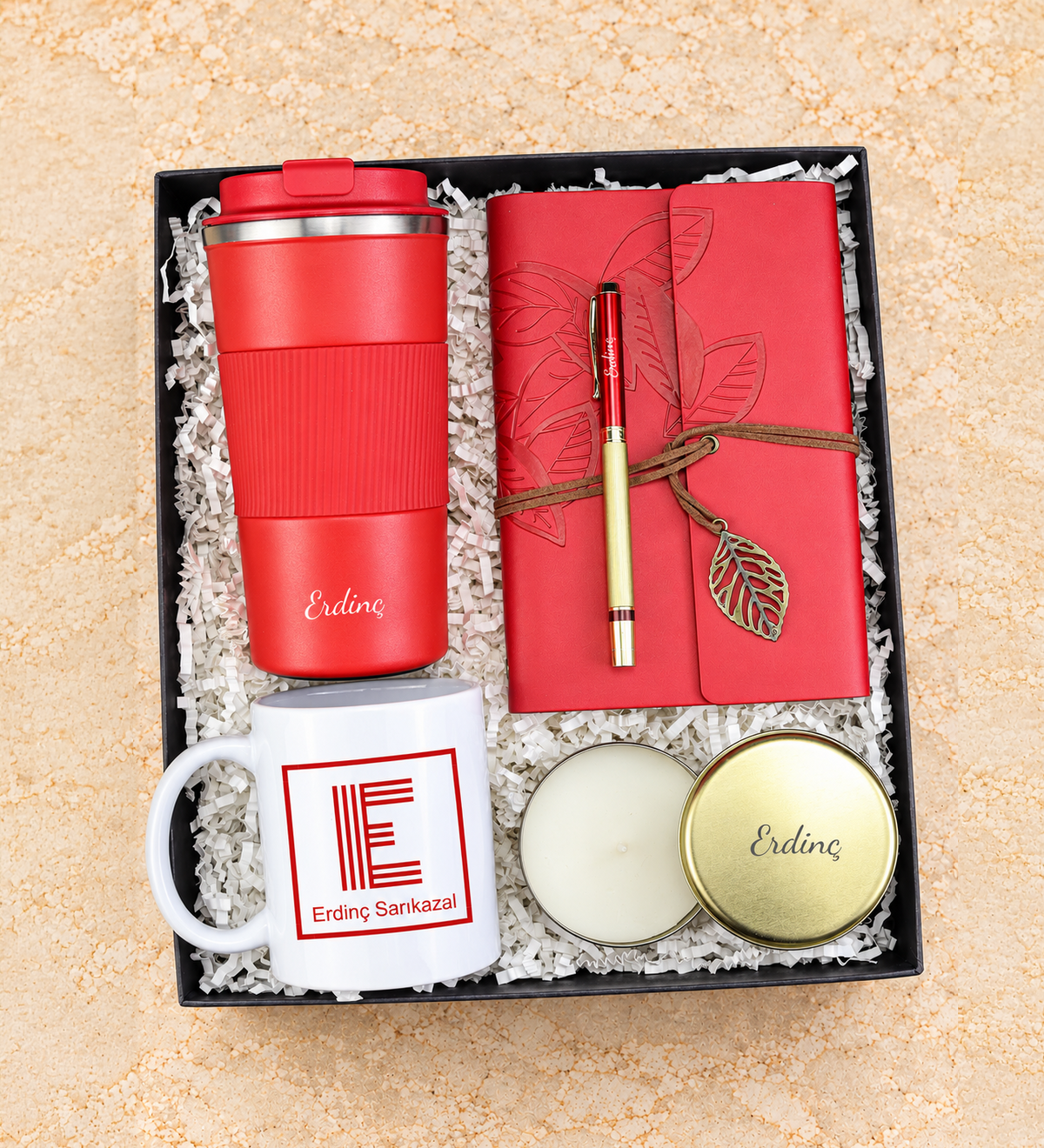 Silikon Halkalı 500 ml Siyah Termos & Anı-Seyahat Defteri & Gold Detaylı Roller Kalem & Kupa & Gold Metal Kutulu Mum Hediye Seti