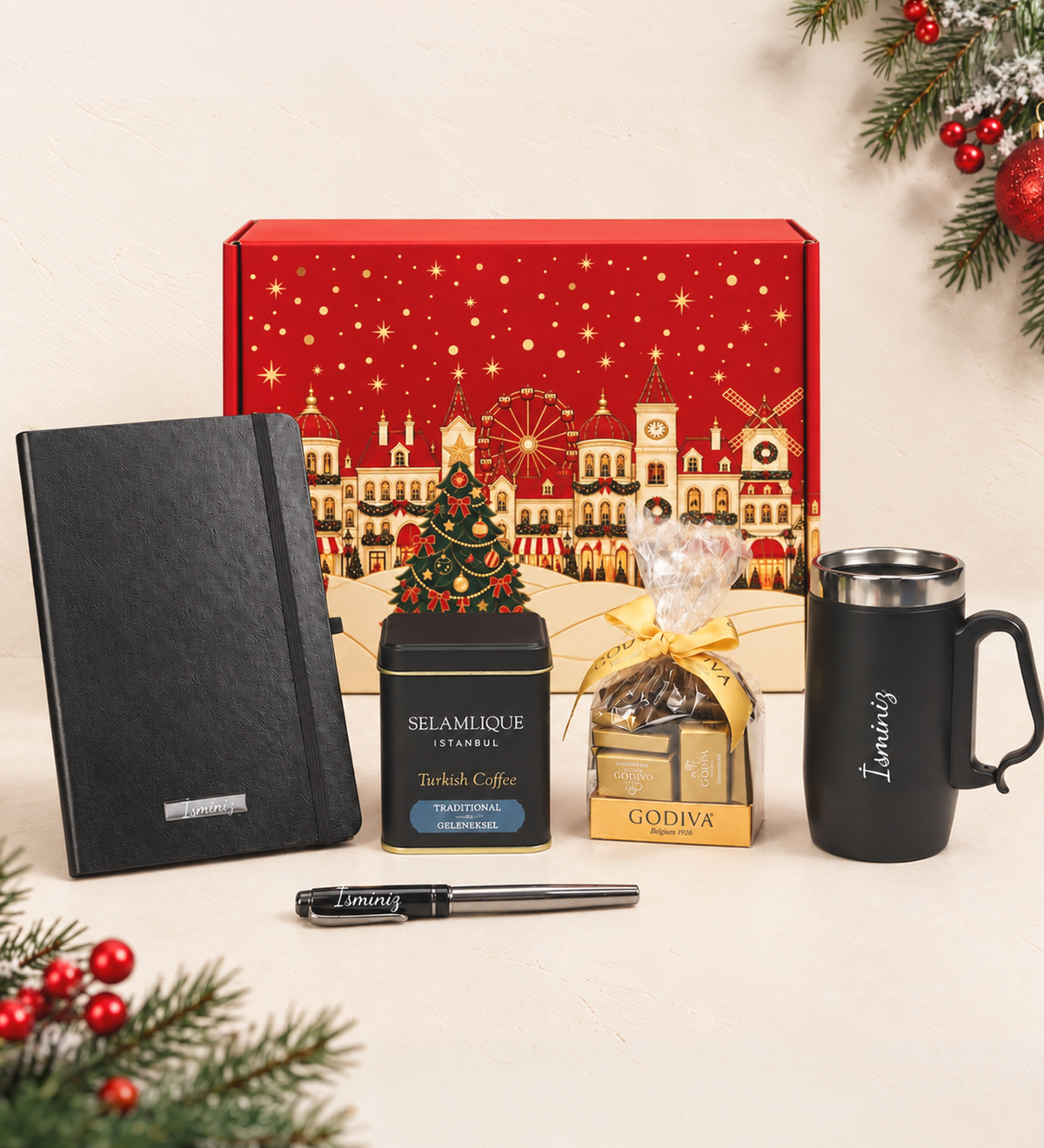 Siyah Defter & Kalem & Termos & Selamlıque Türk Kahvesi & Godiva Çikolata Hediye Seti