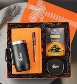 Turuncu Defter & Rose Metalik Roller Kalem & Kulplu Siyah Termos & Beta Tea Bitki Çayı & Metal Kutulu Mum Hediye Seti