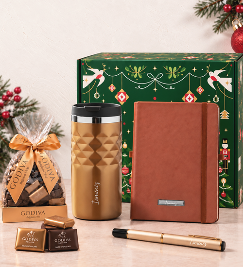 Termos Defter Kalem Godiva Çikolata Yılbaşı Hediye Seti
