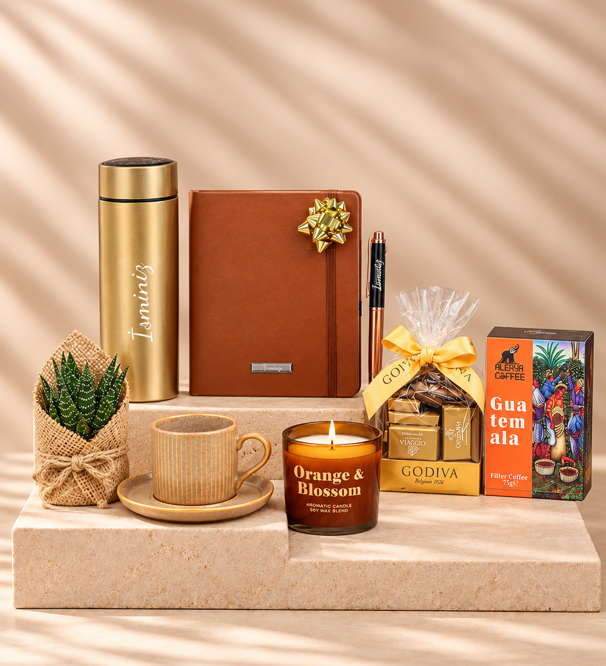 Termos & Defter & Kalem & Kahve Fincanı & Sukulent Çiçek & Bardak Mum & Godiva Çikolata & Filtre Kahve Hediye Seti