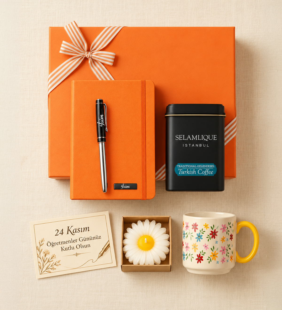Turuncu Defter & Rose Metalik Roller Kalem & 125gr Selamlıque & Papatya Halka Kupa & Papatya Mum Hediye Seti