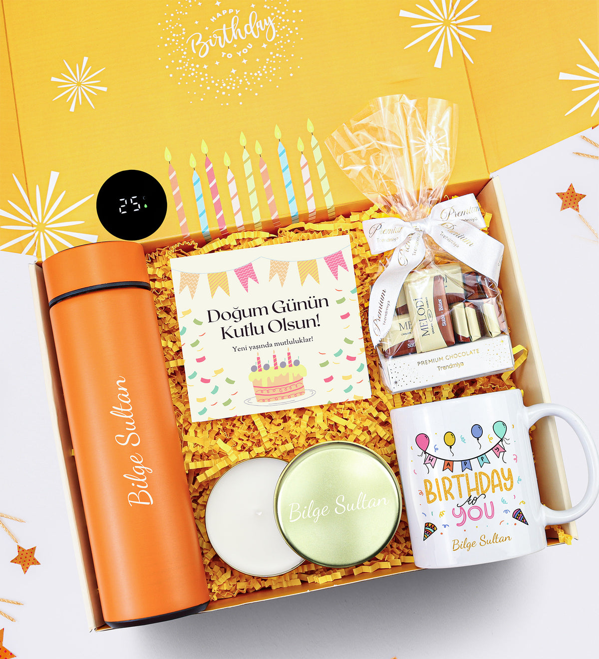 Doğum Günü Kutusunda Turuncu Dereceli Termos & Premium Çikolata & Kupa & Metal Kutulu Mum Doğum Günü Hediyesi