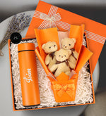 Turuncu Dereceli Termos & 3'lü Ayıcık Buketi Hediye Seti