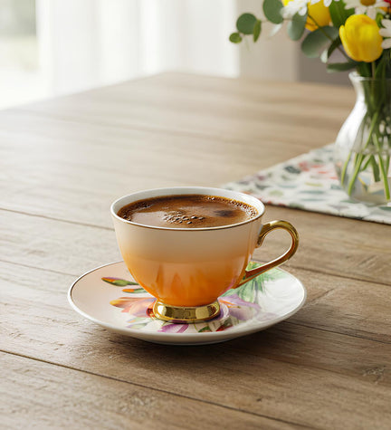 Mor Turuncu Çiçekli Porselen Kahve Fincanı