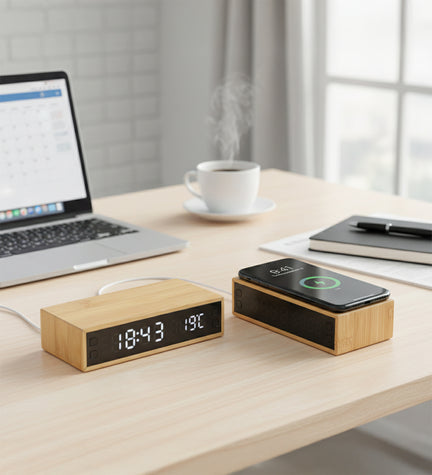 Wireless Şarj Bambu Masa Saati