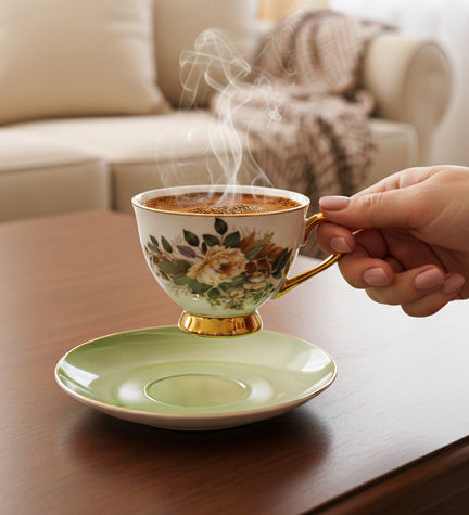 Yeşil Çiçekli Porselen Fincan