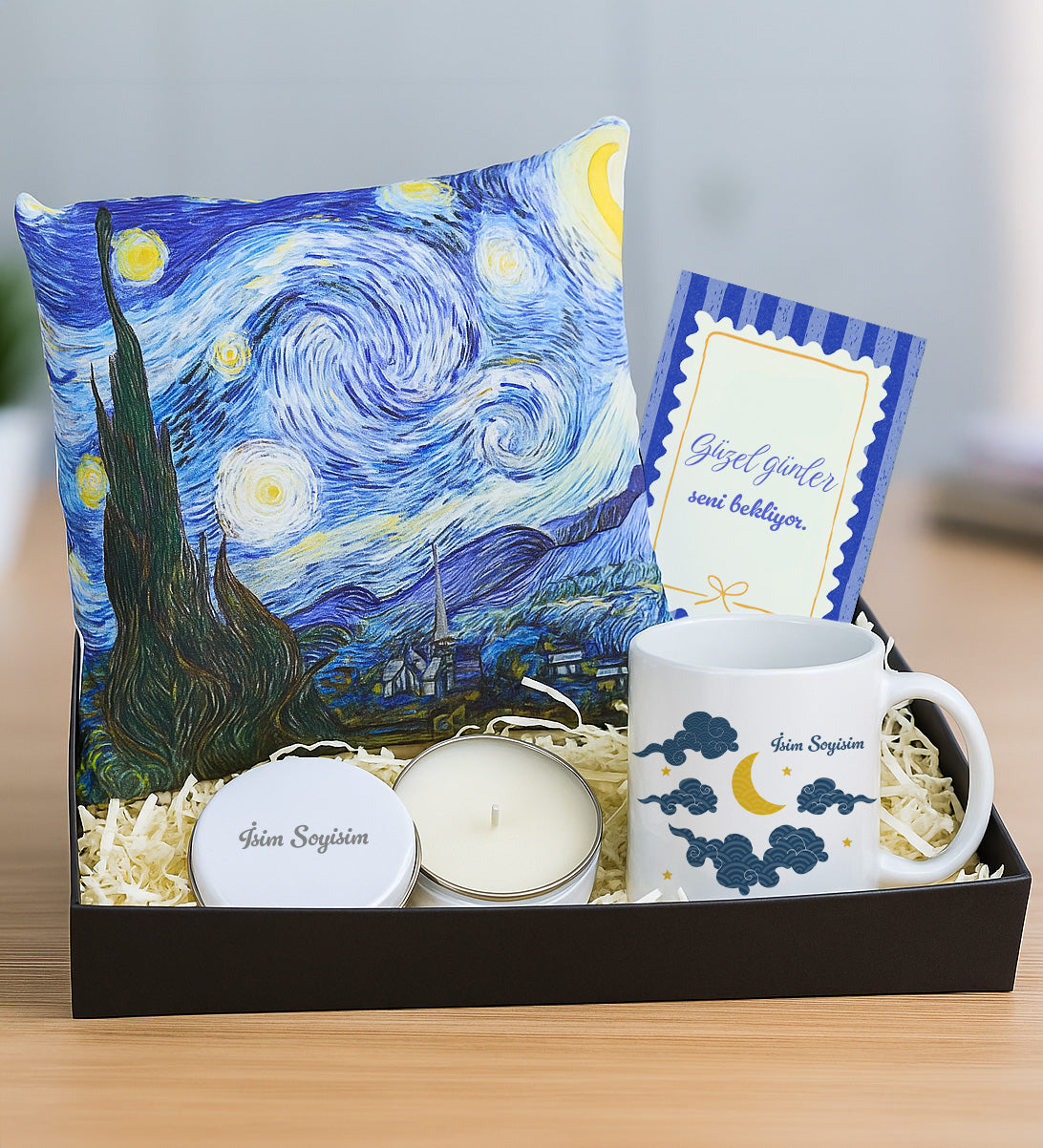 Van Gogh Yıldızlı Geceler Yastık & Kupa & Mum Hediye Seti