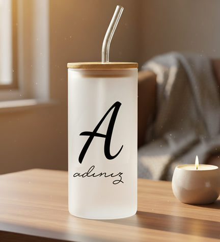 Beyaz Kişiye Özel Pipetli Buzlu Cam Bardak