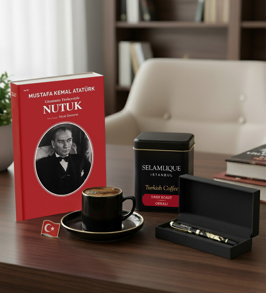 Nutuk & Gold Detaylı Siyah Fincan & Türk Bayrağı Rozet & Selamlıque Okkalı & Atatürk Baskılı Kalem Hediye Seti