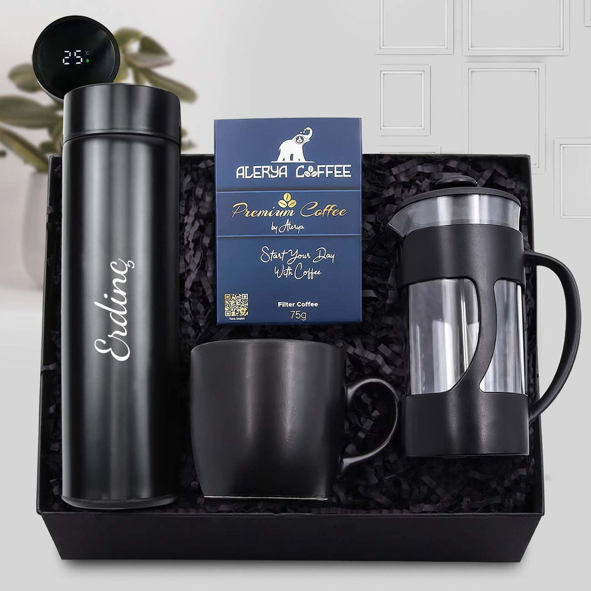 Kişiye Özel Siyah 500 ML Dereceli Termos & Siyah French Press & Alerya Premium Filtre Kahve & Siyah Mat Kupa Hediye Seti