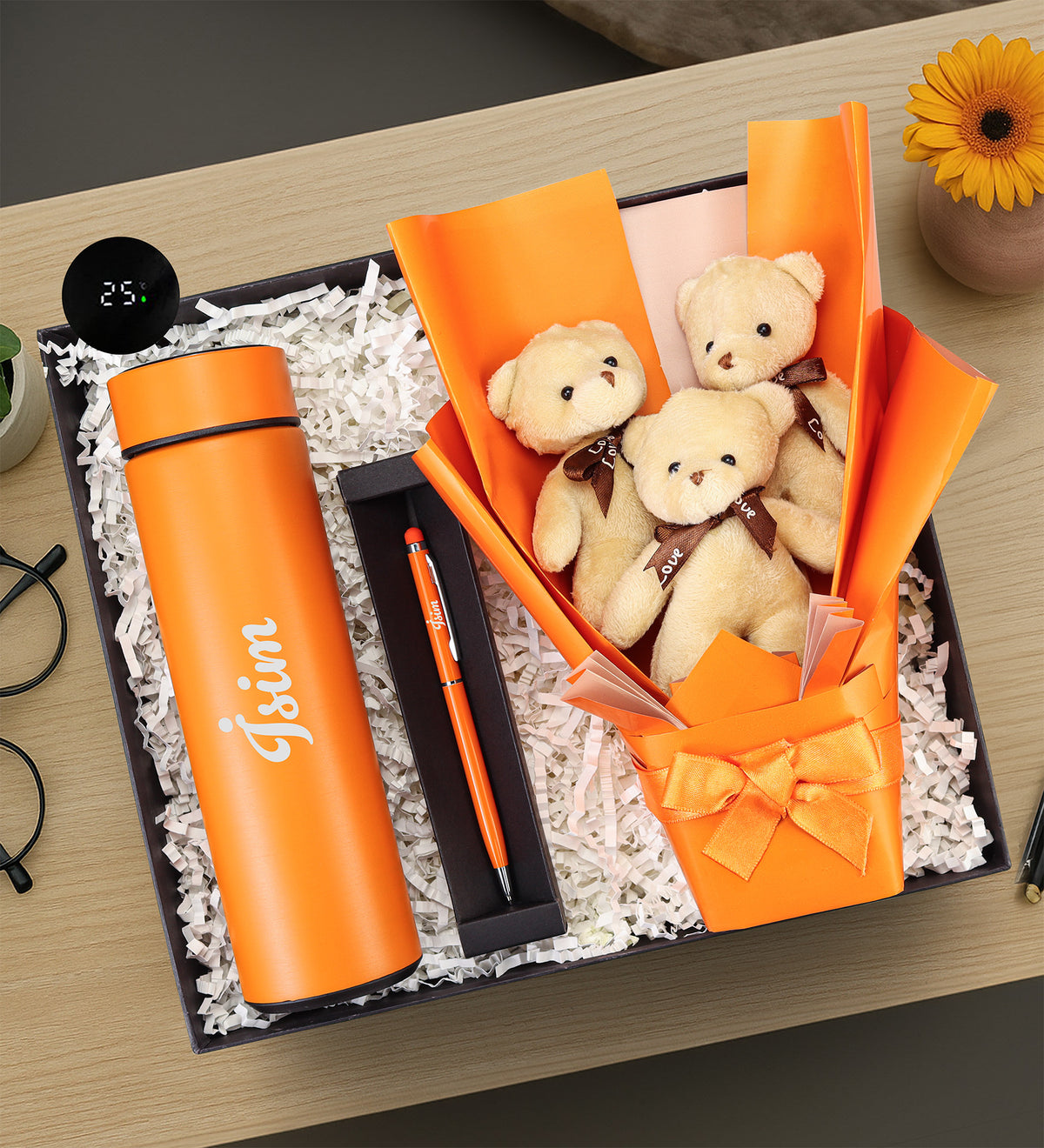 Turuncu Dereceli Termos & 3'lü Ayıcık Buketi & Kalem Hediye Seti