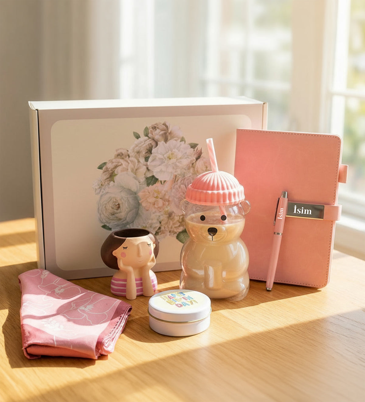 Ayıcık Bardak Fular Saksı Mum Premium Defter Kalem Hediye Seti