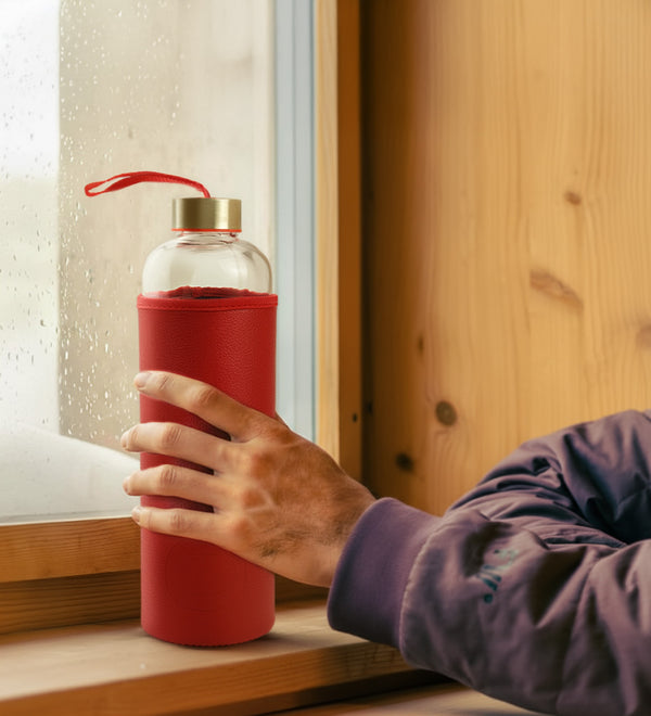 1000ML Deri Kılıflı Cam Matara Kırmızı