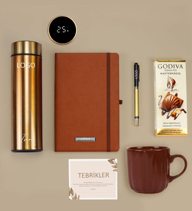 Kişiye Özel Termos & Defter & Kalem & Kupa & Godiva Çikolata Hediye Seti