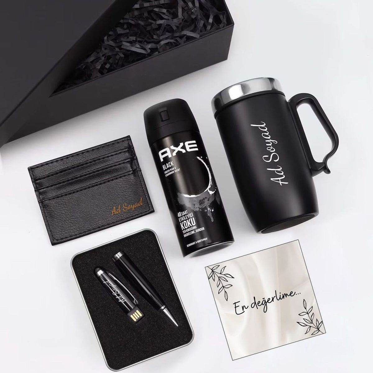 Kişiye Özel Siyah Kulplu 280 ML Çelik Termos & 32 GB Usb Siyah Touch Kalem & Siyah Kartlık & Erkek Deodorant Hediye Seti