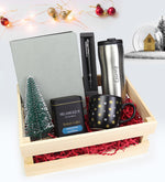 Ahşap Kasalı Kişiye Özel Termos & Yeni Yıl Tarihli Ajanda & Siyah Tükenmez Kalem & Selamlıque Türk Kahvesi & Siyah Mat Kupa & Mini Çam Ağacı Hediye Seti