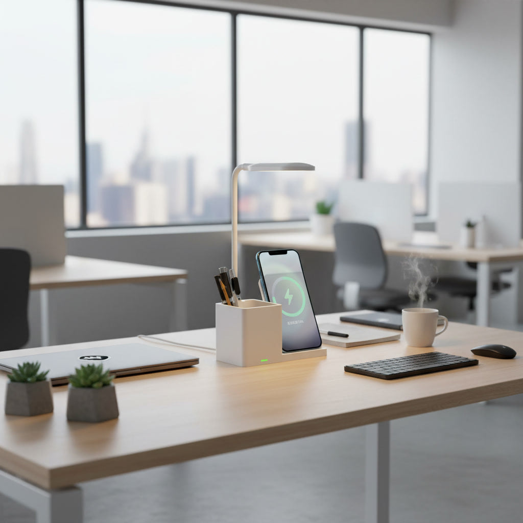 Kablosuz Şarj Cihazı Kalemlikli Masa Lambası