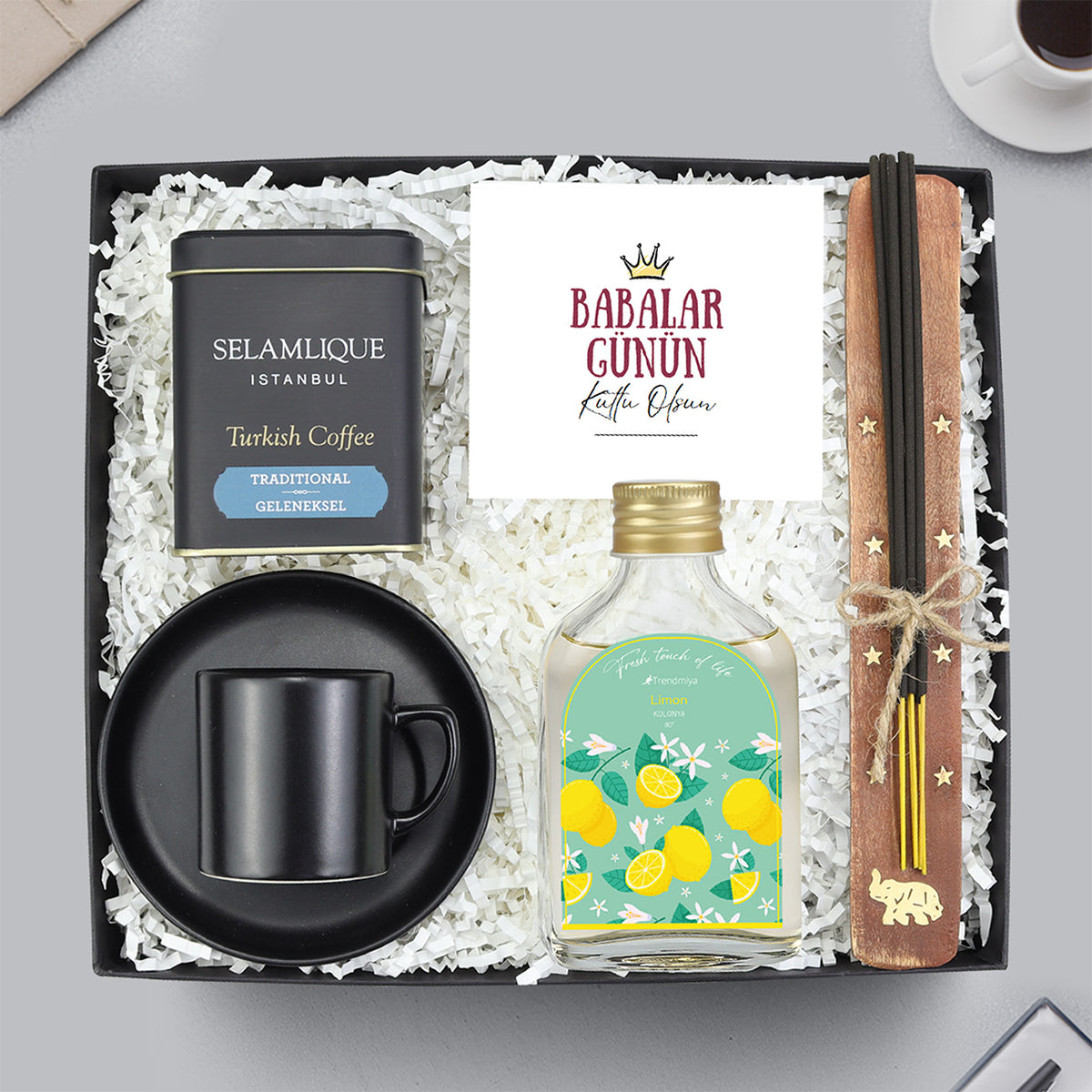 Siyah Fincan & Selamlıque & 100 ml Trendmiya Limon Kolonya & Tütsü Hediye Seti